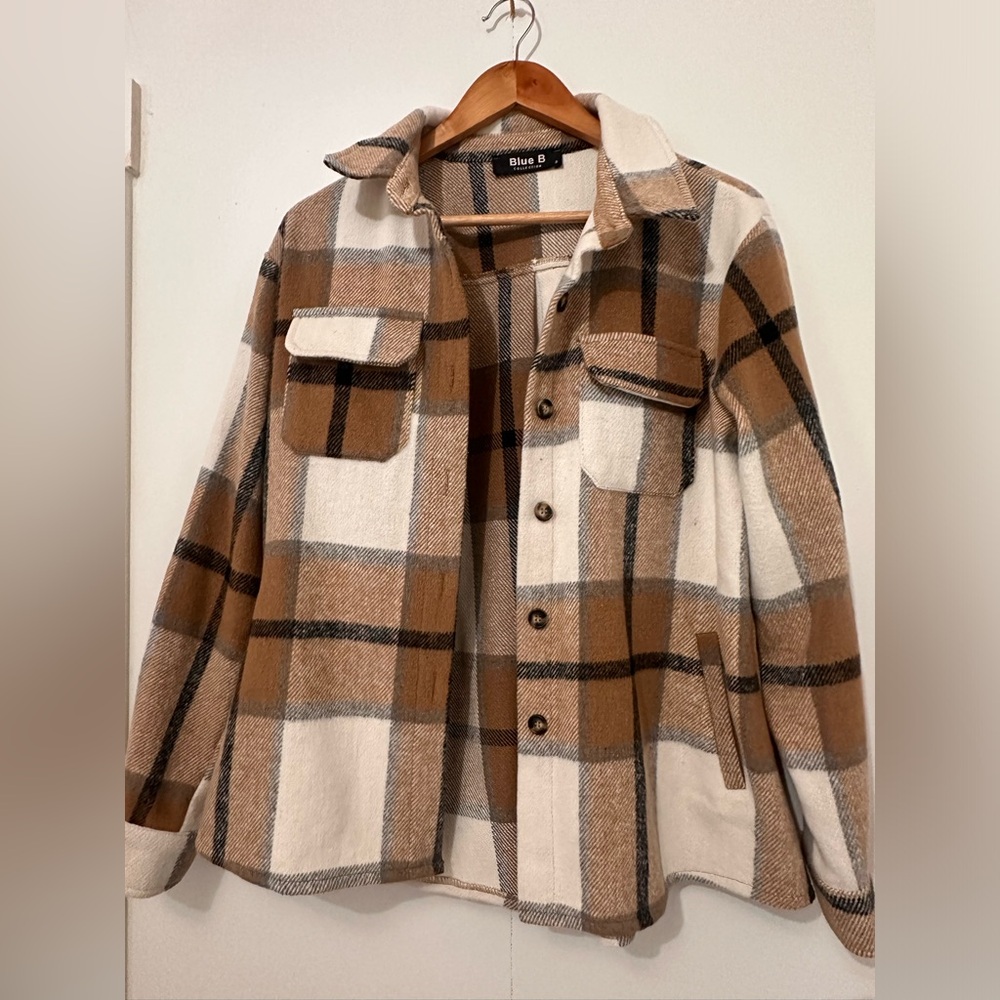 Brown and Cream Utility Jacket with Plaid Design